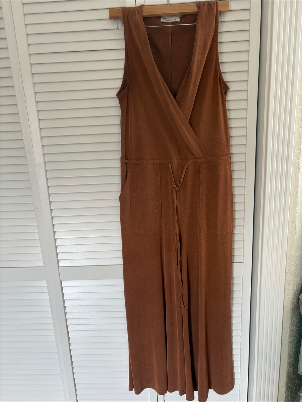 Sleeveless Rust Brown Wrap Jumpsuit with Tie Waist